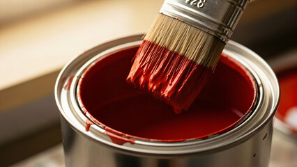 A close-up, high-fidelity photograph captures a paint brush being dipped into an open can of deep red paint. The cylindrical metal paint can is positioned in the lower center of the frame.