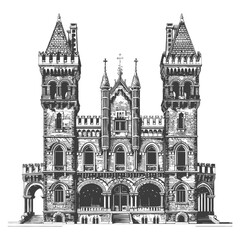 Fototapeta premium Grand Gothic Style Mansion Architectural Drawing