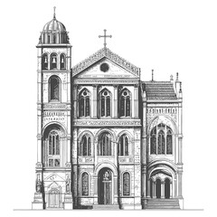 Fototapeta premium Ornate Church Building Architectural Drawing Illustration