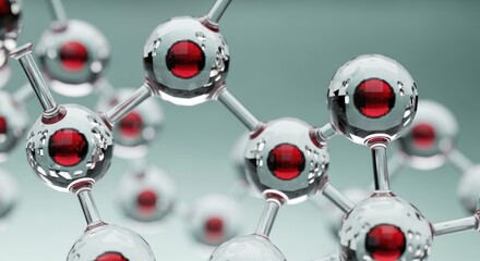 Macro view of a 3D molecular structure featuring red core atoms and transparent glassy cages. Science and technology concept.