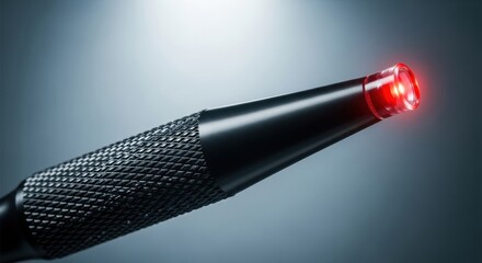 Macro view of a red laser pointer tip glowing with a textured metal handle on a gradient background.