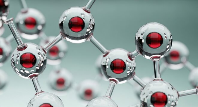 Macro view of a 3D molecular structure featuring red core atoms and transparent glassy cages. Science and technology concept. - Powered by Adobe