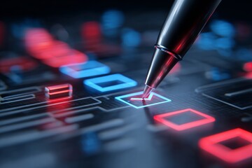 Digital Pen Marks Tasks on Futuristic Circuit Board With Glowing Boxes in a High-Tech Setting at Night