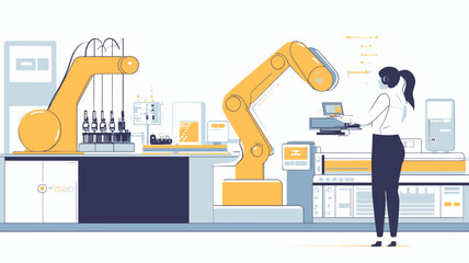 Fototapeta premium Woman Operating Industrial Robot Arm Machine.