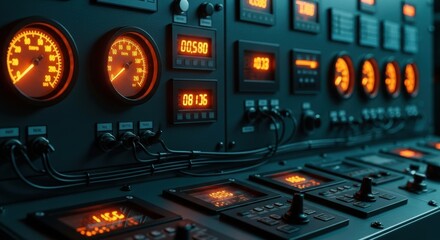 Close up of a dark industrial control panel with glowing orange gauges and digital screens.