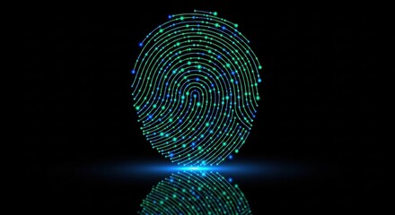 Abstract digital fingerprint with blue and green glowing lights on black background.
