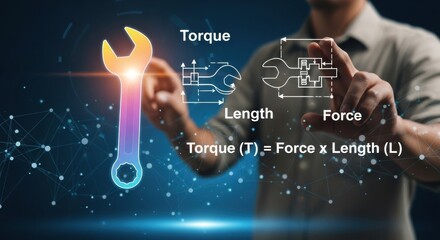 Engineer interacts with a digital display showing a wrench icon and torque formula.