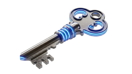 Futuristic Key with Neon Blue Accents Isolated on Transparent Background