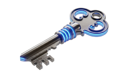 Futuristic Key with Neon Blue Accents Isolated on Transparent Background