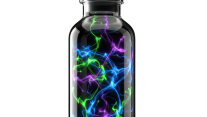 Glass bottle with colorful lightning energy, isolated on transparent background