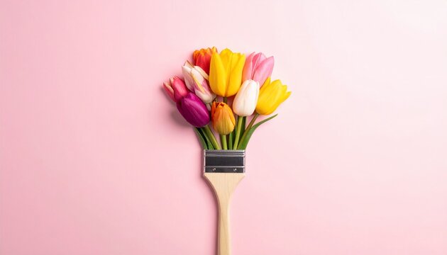 Bouquet of colorful tulips arranged as paint strokes on a brush, set against pink