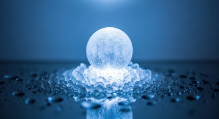 A glowing frozen sphere rests on a bed of crushed ice, illuminated by a blue backlight.