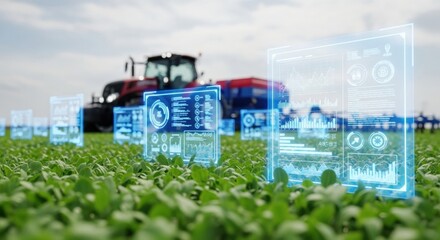 Red tractor in a green field with futuristic holographic data displays showing analytics.