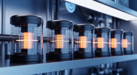 Row of futuristic industrial lab devices with glowing orange energy cores in a clean sterile environment.