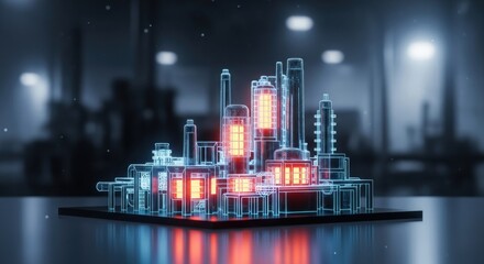 A detailed futuristic industrial cityscape with glowing neon lights and intricate architecture.