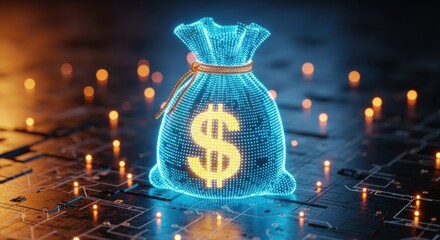 Digital dollar money bag glows with neon lights on a circuit board.