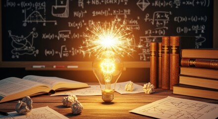 A glowing light bulb with sparkles illuminates a wooden desk covered in books and papers, with a chalkboard full of math equations behind it.