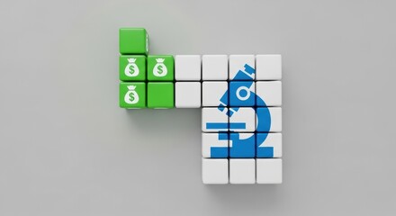 Green cubes with money bags next to white cubes with a blue microscope icon on a gray surface.