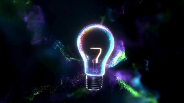 A glowing lightbulb with a number seven inside it, surrounded by vibrant, colorful sparks in a dark environment