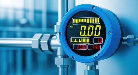 Close-up of an industrial digital gauge with a blue casing and a yellow numeric display.