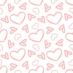 Seamless raster pattern with linear drawings of pink hearts in doodle style.