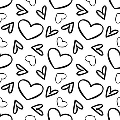 Raster seamless pattern with linear drawings of hearts in doodle style