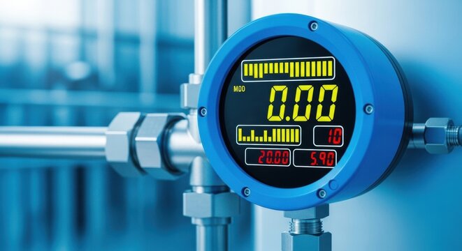 Close-up of an industrial digital gauge with a blue casing and a yellow numeric display. - Powered by Adobe
