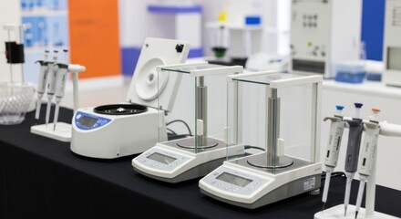 Laboratory equipment display with digital balances pipettes and centrifuge