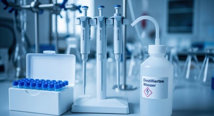 Close up of laboratory equipment including pipettes and bottles with a hazmat symbol