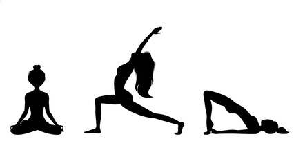 Yoga and Mindfulness Silhouette Set: Black Female Figures in Meditation, Crescent Moon, and Bridge Poses for Wellness Design
