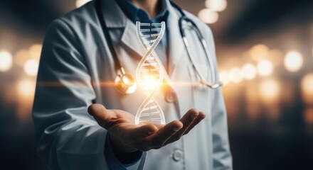 Close up of a person in a lab coat holding a luminous DNA structure.