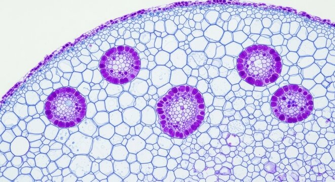 Microscopic cross-section of a plant stem revealing organized vascular bundles surrounded by parenchyma cells. Scientific botanical imagery.