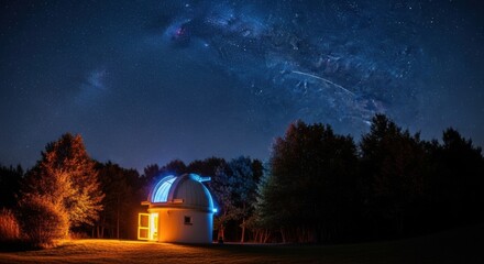 Small observatory building at night under a sky full of stars and the Milky Way. Trees are lit by warm and cool lights.