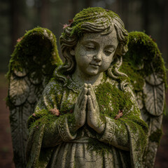 Obraz premium Moss Covered Praying Angel Statue in Forest Close-Up