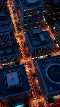 Aerial view of a futuristic 3D city at night featuring glowing orange traffic light trails flowing between blue skyscrapers, ideal for smart city and technology backgrounds