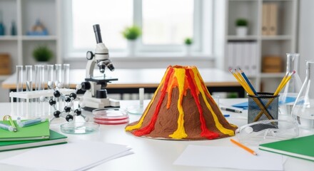 A science classroom setup with a volcano model microscope and lab equipment.
