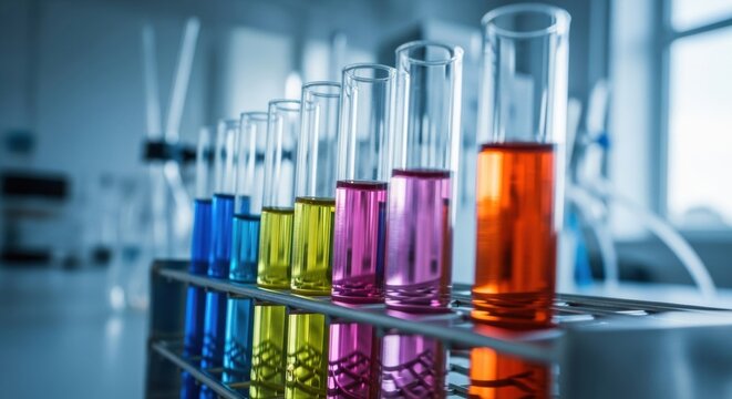 Close-up shot of colorful liquids in test tubes arranged in a laboratory rack - Powered by Adobe