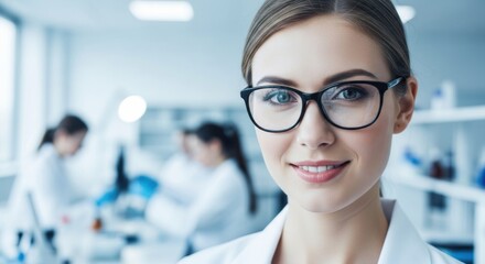 A smiling scientist in glasses and a lab coat in a bright modern lab.