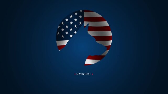National K9 Veterans Day with waving American flag and dog head silhouette on the background. March 13. Holiday concept. Template for background, banner, card, poster with text inscription.