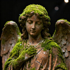 Moss Covered Stone Angel Statue with Cracks on Dark Background Close Up
