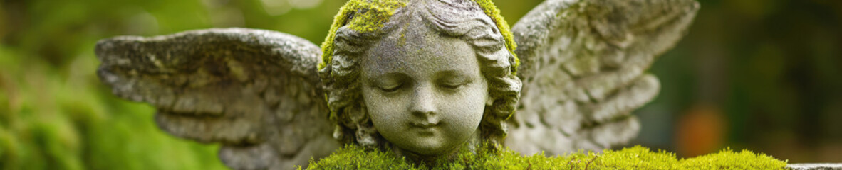 Stone angel statue covered with moss in garden close up