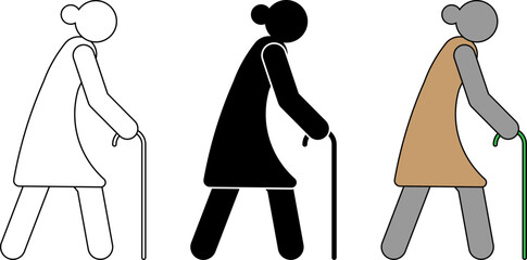 Set of senior woman walking with cane icons in three vector styles