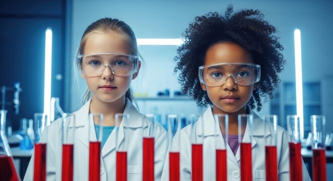 Children in a science lab wearing lab coats and goggles stand behind test tubes. - Powered by Adobe