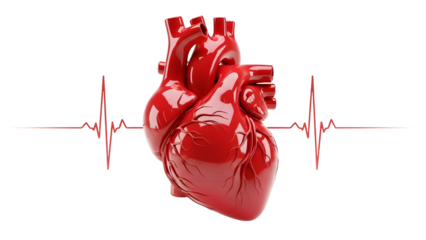 Shiny Red Human Heart Organ with ECG Line on White Background