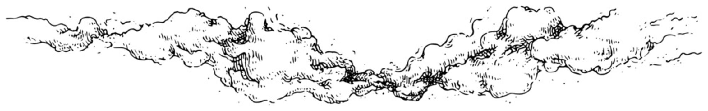 Hand drawn atmospheric clouds or smoke clouds in vintage engraving sketch style