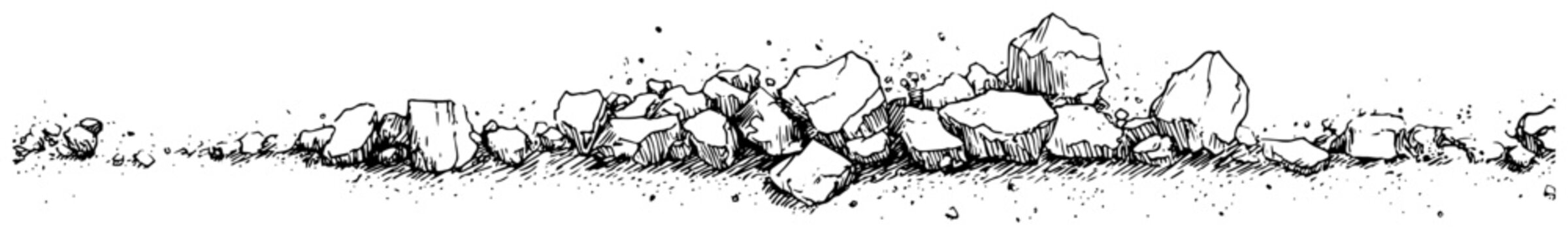 Detailed hand drawn sketch of broken stones and rubble scattered on the ground