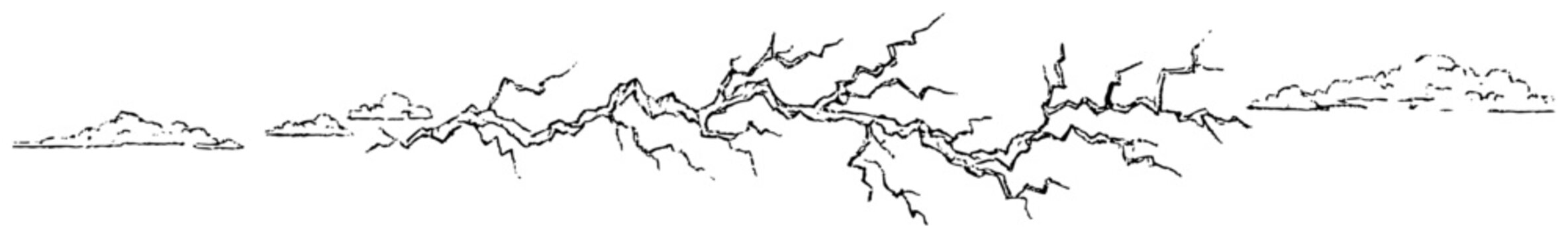 Hand drawn sketch of lightning bolts and clouds across the horizon in doodle style