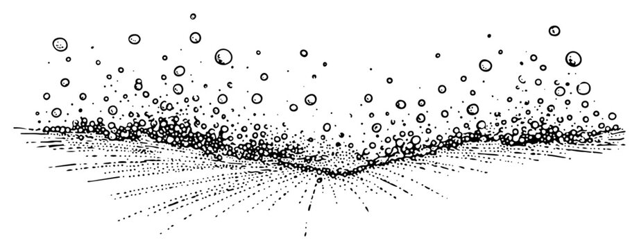 Hand drawn sketch of bubbles or particles rising from a flat surface or horizon