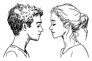 Romantic hand drawn profile sketch of a young man and woman facing each other