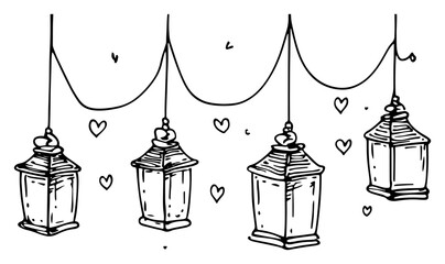 Vintage hand drawn hanging lanterns with heart symbols in engraving style © Kaz